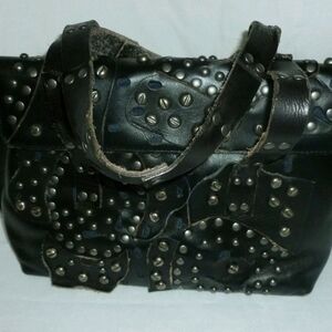 Patricia Nash Black Studded Leather Shoulder Bag Perf Distressed New